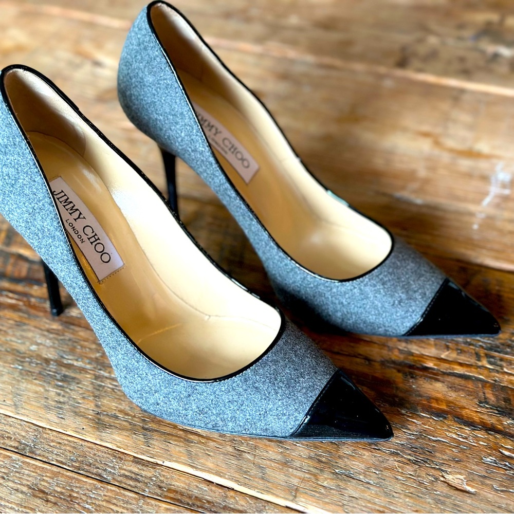 Jimmy Choo wool/black patent stilettos NWOB